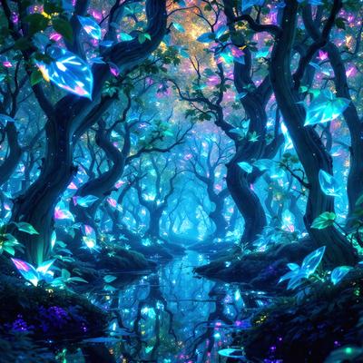 The primary subject of the image is a forest filled with trees and blue lights. The setting is a forest with a blue light illuminating the area. The visual style is a digital art or illustration, creating a surreal and magical atmosphere. The colors and mood are predominantly blue, with the blue lights adding a sense of wonder and enchantment to the scene.